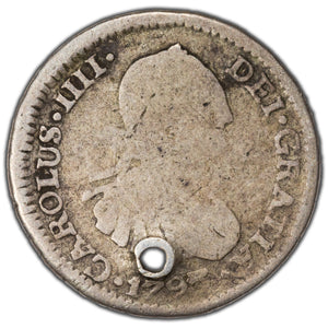 SOLD Bolivia 1795 1/2 Real Silver Coin KM #69 - Holed