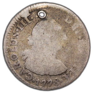 SOLD Spanish Colonial 1778 1/2 Real Silver Coin MM + Assayer Not Visible - Holed