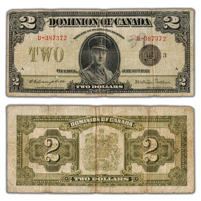 SOLD $2 1923 Dominion of Canada Note Black Seal Series U DC-26j - Writing