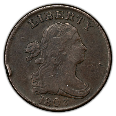 United States 1803 1/2c Draped Bust Half Cent Coin - Rim Bump