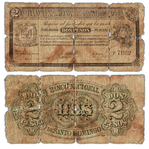 Dominican Republic Banco Nacional de Santo Domingo N.D. (1912) 2 Pesos Note P #S142a - Damaged