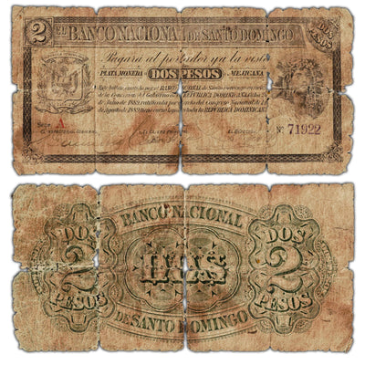 Dominican Republic Banco Nacional de Santo Domingo N.D. (1912) 2 Pesos Note P #S142a - Damaged