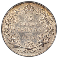 Canada 1913 25 Cents Quarter Silver Coin - Cleaned