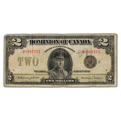 SOLD $2 1923 Dominion of Canada Note Black Seal Series U DC-26j - Writing