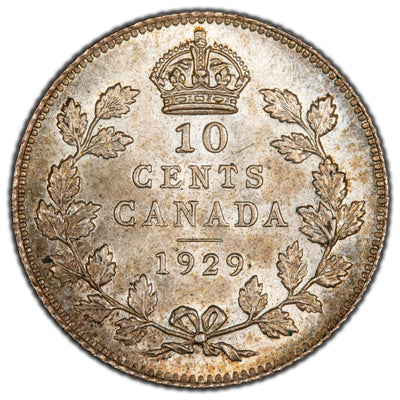 Canada 1929 10 Cents Dime Silver Coin - UNC+
