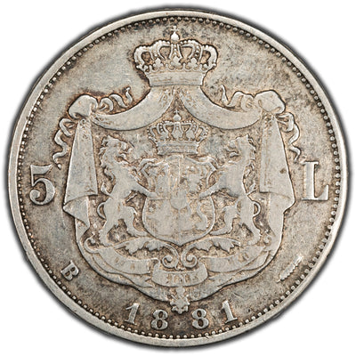 Romania 1881 5 Lei Silver Coin KM #16