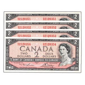SOLD $2 1954 Bank of Canada Notes N/G Prefix BC-38d - 4 Consecutive AU/UNC