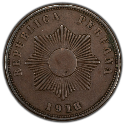 Peru 1918 2 Centavos Coin KM #212
