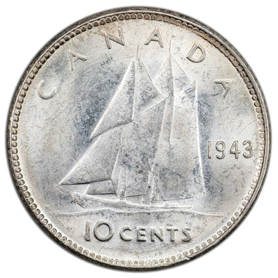 Canada 1943 10 Cents Dime Silver Coin - AU-55