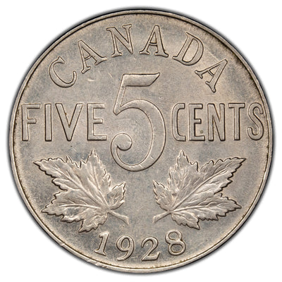 Canada 1928 5 Cents Nickel Coin - Almost Uncirculated