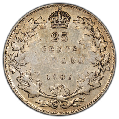 Canada 1936 Bar 25 Cents Quarter Silver Coin