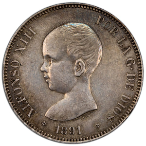 SOLD Spain 1891 5 Five Pesetas Silver Coin