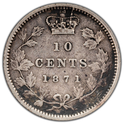 Canada 1871 10 Cents Dime Silver Coin - Fine +