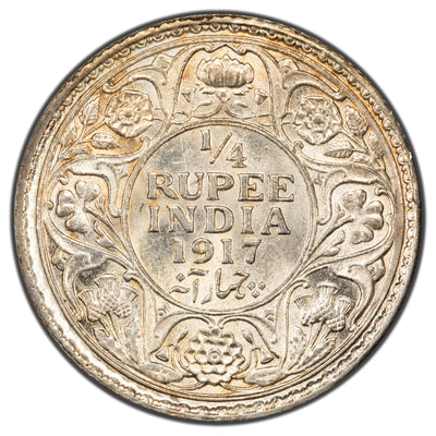 India 1917 1/4 Rupee Silver Coin KM #518