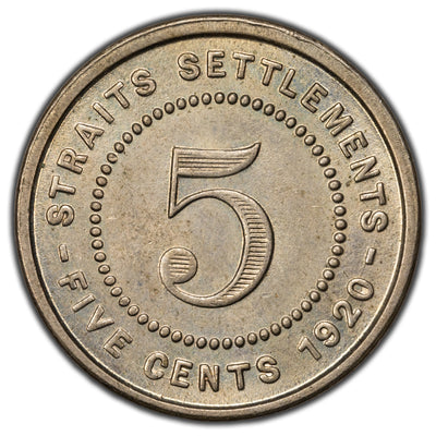 Straits Settlements 1920 5 Cents Coin KM #34 - Obverse Delamination