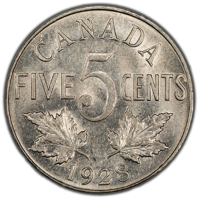 Canada 1928 5 Cents Nickel Coin - AU+