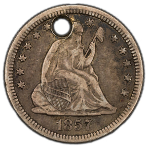 SOLD United States 1857 25 Cents Seated Liberty Quarter (holed)