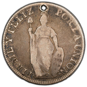 SOLD Peru 1834 Lima 8 Reales Silver Coin KM #142.3 (holed)