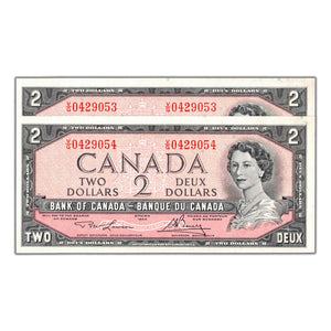 SOLD $2 1954 Bank of Canada Notes V/G Prefix BC-38d - 2 Consecutive AU/UNC