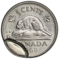 Canada 1968 5 Cents Nickel Error Coin - Partial Brockage