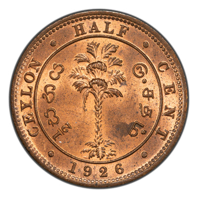 Ceylon 1926 1/2 Cent Coin KM #106