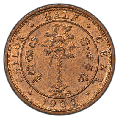 Ceylon 1937 1/2 Cent Coin KM #110