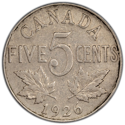 Canada 1926 Far 6 5 Cents Nickel Coin - VG-10