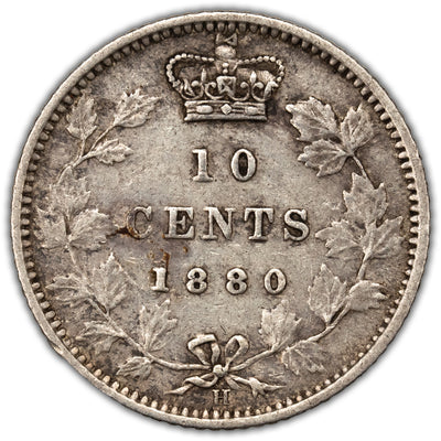 Canada 1880-H Obverse 2 10 Cents Dime Silver Coin - Very Fine