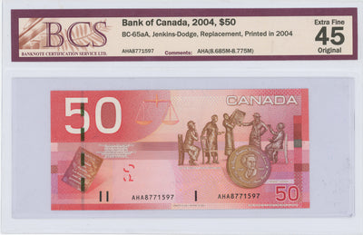 SOLD $50 2004 Bank of Canada Note Jenkins-Dodge AHA Replacement Prefix BC-65aA - BCS EF-45