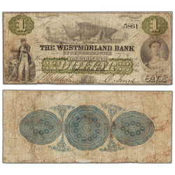 The Westmorland Bank 1861 one dollar note, catalog 800-12-02, serial number 5861, stacked view showing both front and back sides, circulated condition.