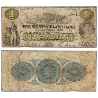 The Westmorland Bank 1861 one dollar note, catalog 800-12-02, serial number 5861, stacked view showing both front and back sides, circulated condition.