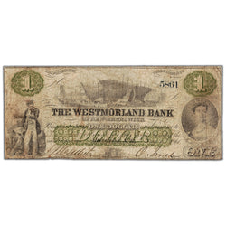 Front view of The Westmorland Bank 1861 one dollar banknote, issue number 800-12-02, serial number 5861, in circulated condition.