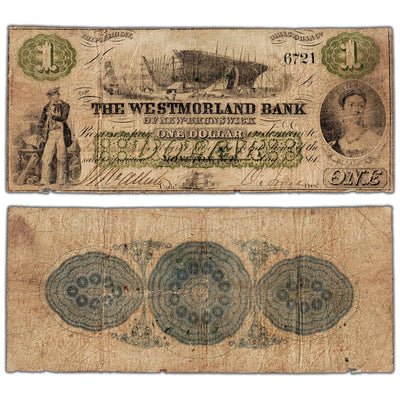 The Westmorland Bank 1861 one dollar note, catalog 800-12-02, serial number 6721, stacked view showing both front and back sides, circulated condition.