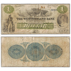 The Westmorland Bank 1861 one dollar note, catalog 800-12-02, serial number 3310, stacked view showing both front and back sides, condition notes include tears and a hole.