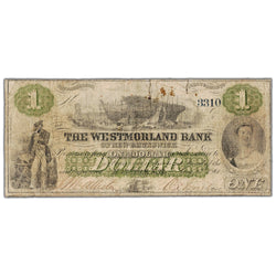 Front view of The Westmorland Bank 1861 one dollar banknote, issue number 800-12-02, serial number 3310, showing visible tears and a hole.