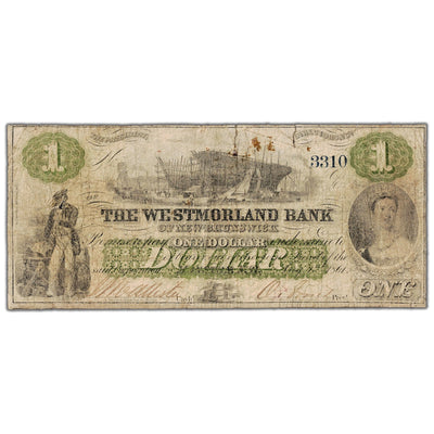 Front view of The Westmorland Bank 1861 one dollar banknote, issue number 800-12-02, serial number 3310, showing visible tears and a hole.
