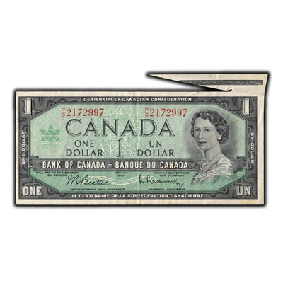 SOLD $1 1967 Bank of Canada Note P/O Prefix - Cutting Error