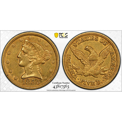 SOLD United States 1854-C Charlotte $5 Half Eagle Gold Coin - PCGS AU Detail Cleaned