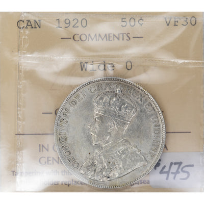 SOLD Canada 1920 Wide '0' 50 Cents Silver Coin - ICCS VF-30