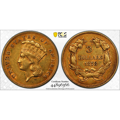 SOLD United States 1878 $3 Gold Coin - PCGS AU-50