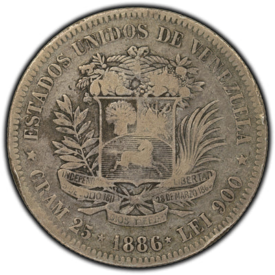 SOLD Venezuela 1886 5 Bolivares Silver Coin Y #24.1