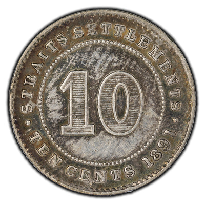 Straits Settlements 1891 10 Cents Silver Coin KM #11 - EF-40
