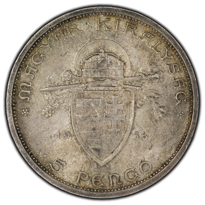 SOLD Hungary 1938 5 Pengo Silver Coin KM #516