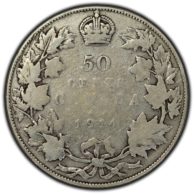 Canada 1914 50 Cent Silver Coin - Weak Reverse