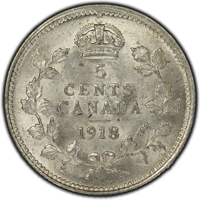 SOLD Canada 1918 5 Cents Silver Coin - AU-55