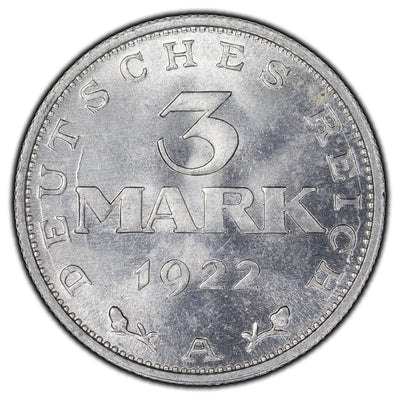 SOLD Germany Weimar 1922 A 3 Mark Coin KM #28