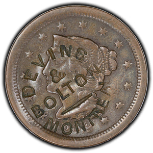 SOLD United States 1852 1 Cent Coronet Head Large Cent - Counterstamp MT-2A2 "Devins & Bolton Montreal"