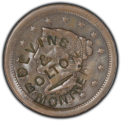 SOLD United States 1852 1 Cent Coronet Head Large Cent - Counterstamp MT-2A2 "Devins & Bolton Montreal"