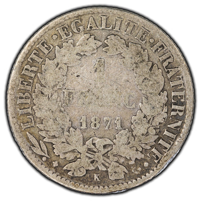 SOLD France 1871 Small K 1 Franc Silver Coin KM #822.2