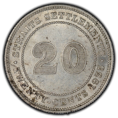 Straits Settlements 1935 Flat Top 3 20 Cents Silver Coin KM #30b